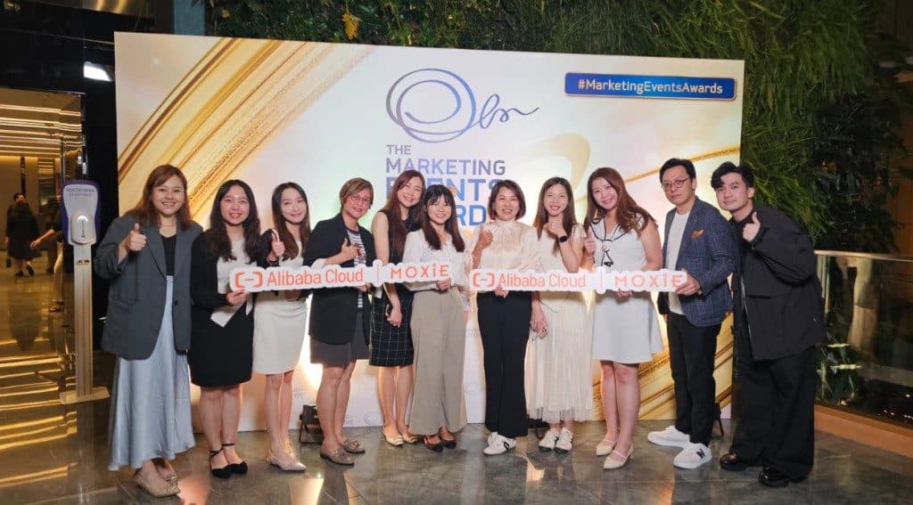 Moxie and Alibaba Cloud team with brand signs at Marketing Events Awards Hong Kong 2026