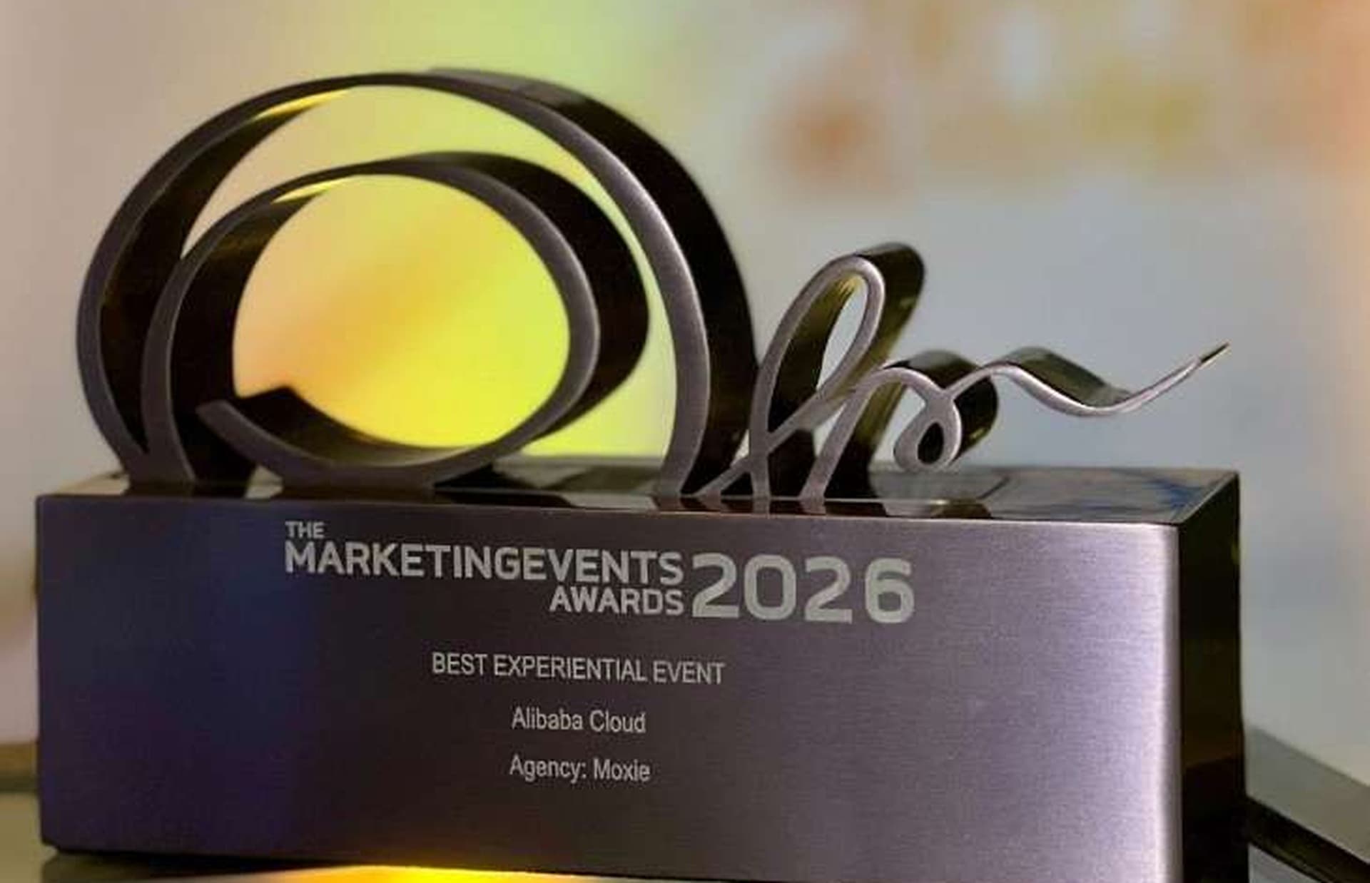 Marketing Events Awards 2026 Best Experiential Event trophy for Alibaba Cloud, agency Moxie