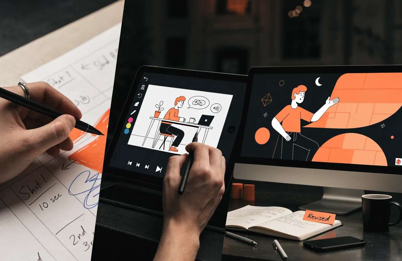 Animation storyboard, style frame and final scene