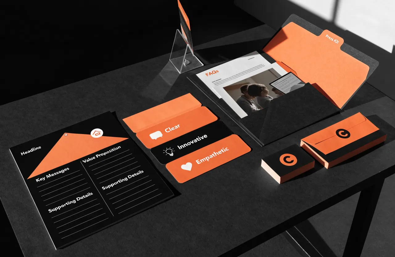 Brand positioning and messaging framework documents on a table
