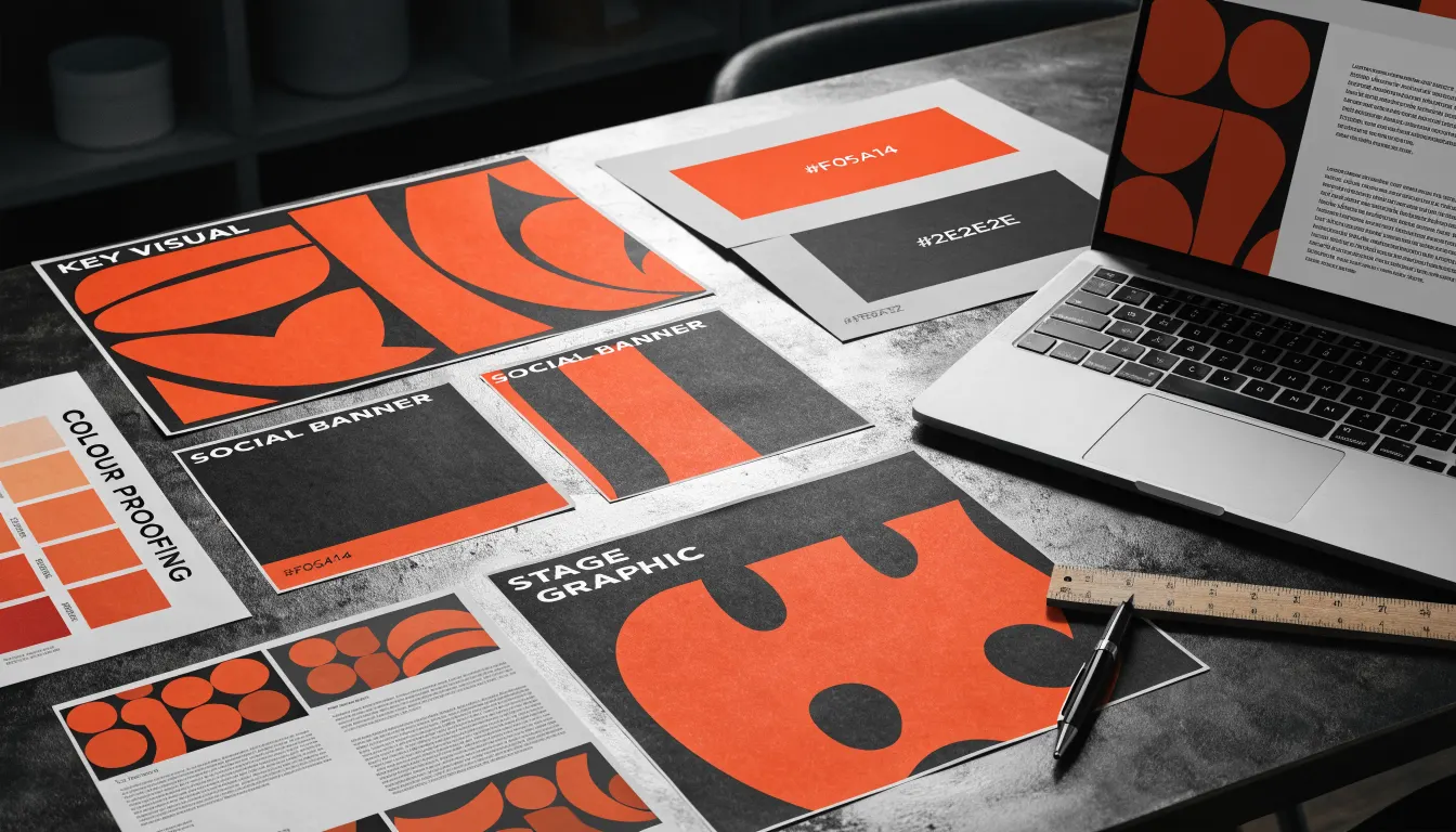 Campaign key visual adapted across digital, email and stage mockups