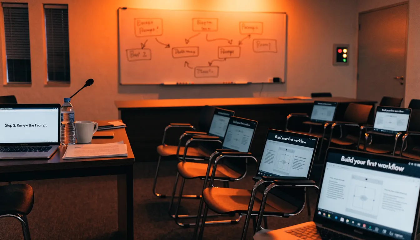 Corporate AI training room with laptops and a workflow whiteboard