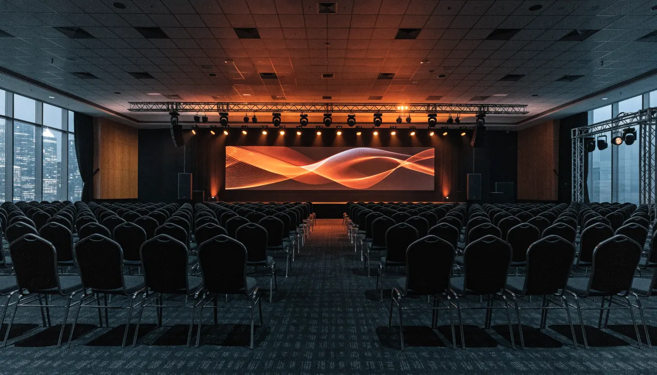 Conceptual Hong Kong conference ballroom with stage lighting for corporate event management
