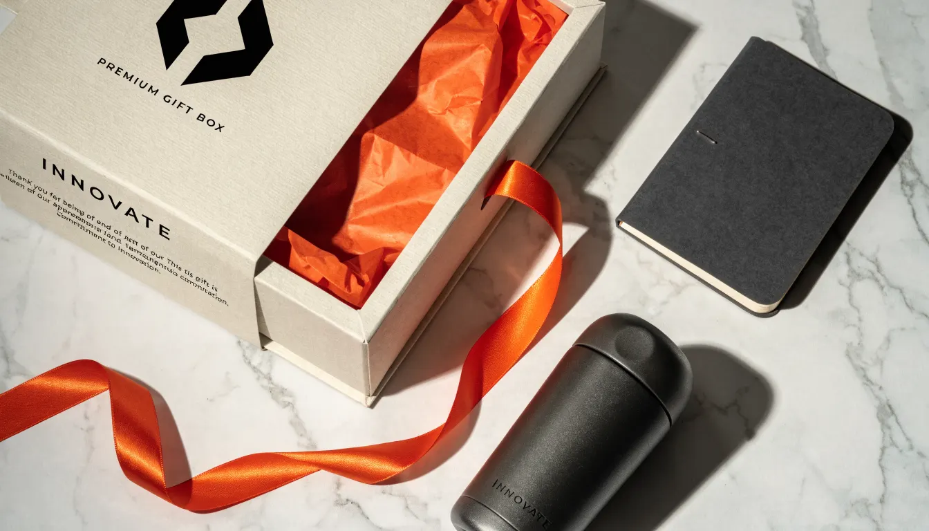 Branded corporate gift set with customised packaging on a table