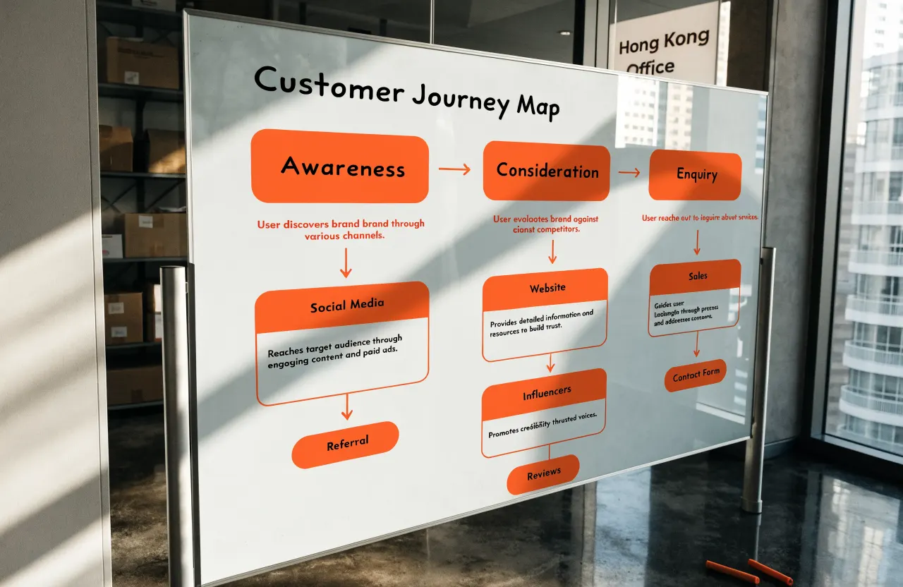 Glass whiteboard mapping channel roles across the customer journey