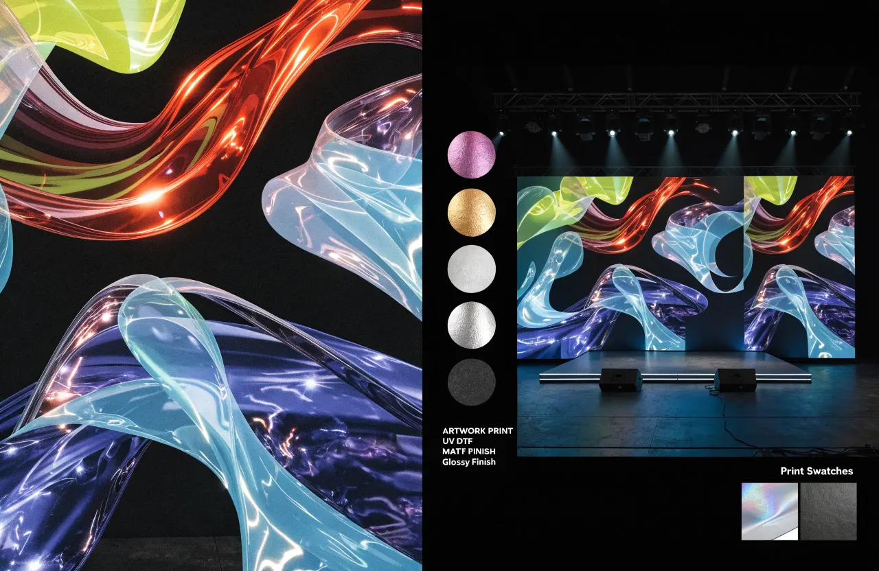 Event design artwork beside a stage backdrop mockup