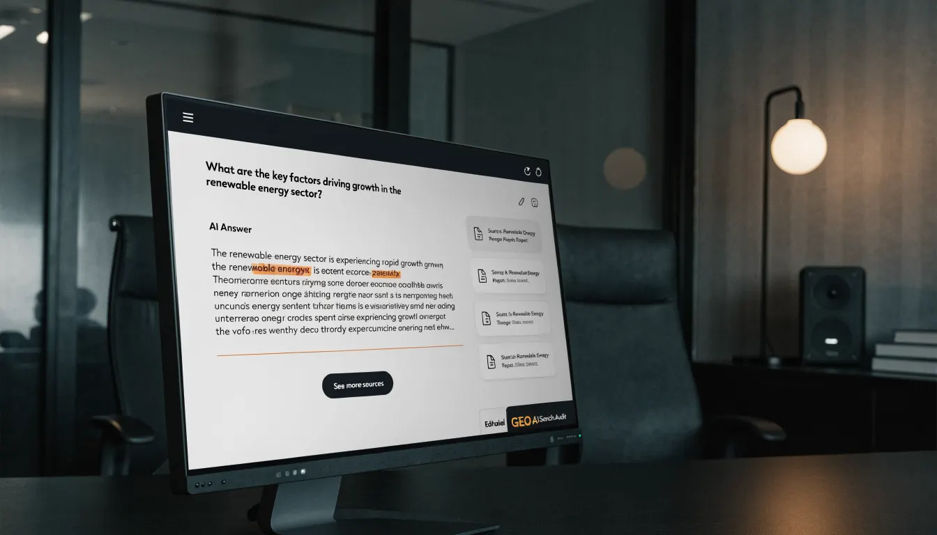Monitor showing an AI search response audit with source citation cards
