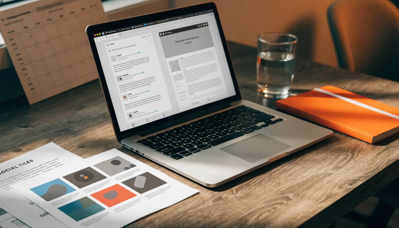 Campaign desk with laptop ads, social tiles and landing page wireframe