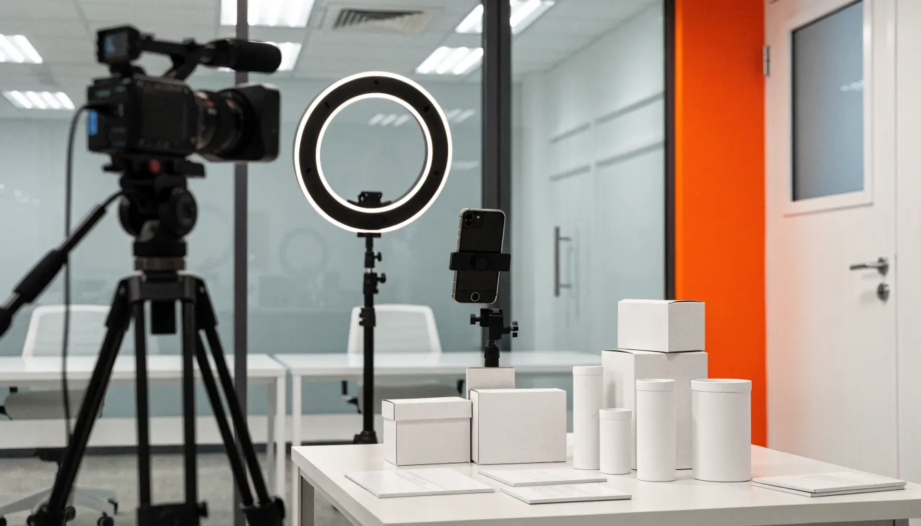 Creator studio with camera, lighting and product table for KOL campaigns