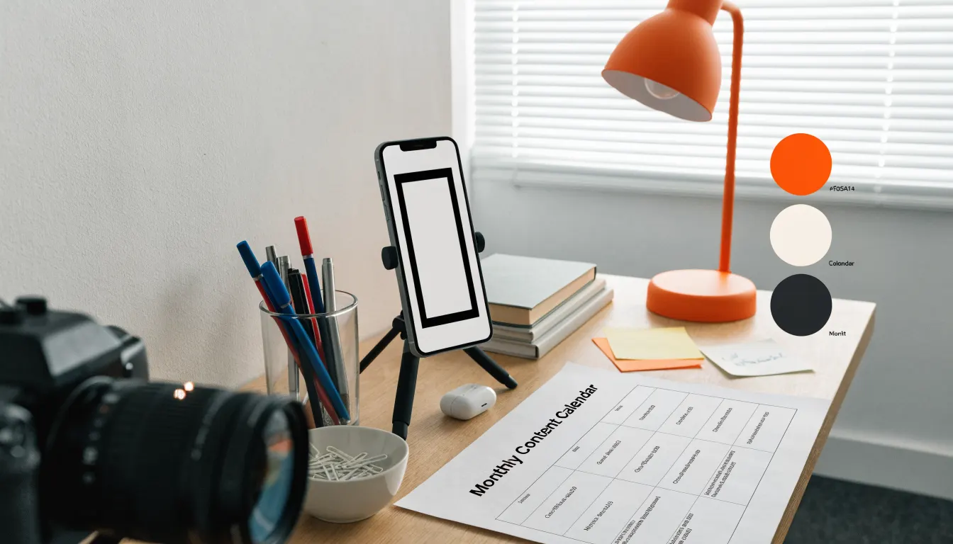 Social content studio desk with vertical phone frame and content calendar