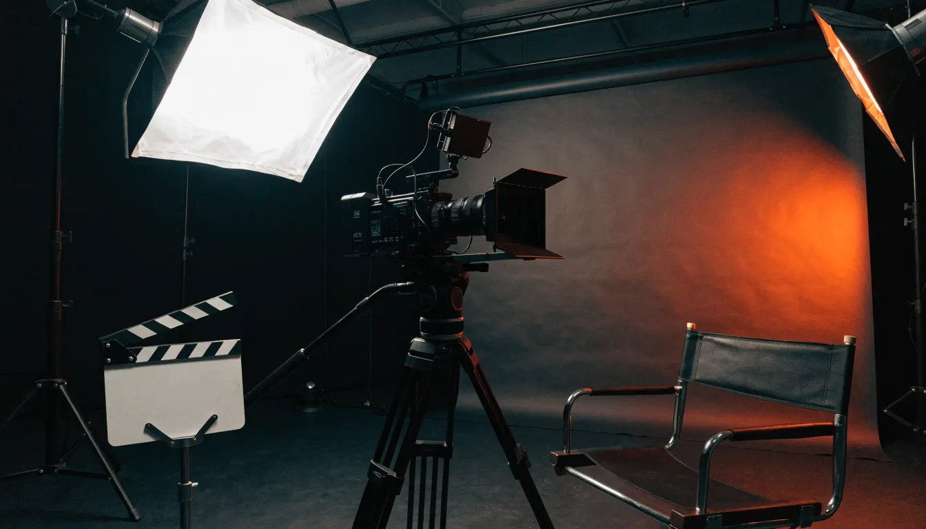 Corporate video interview set with camera, lighting and backdrop
