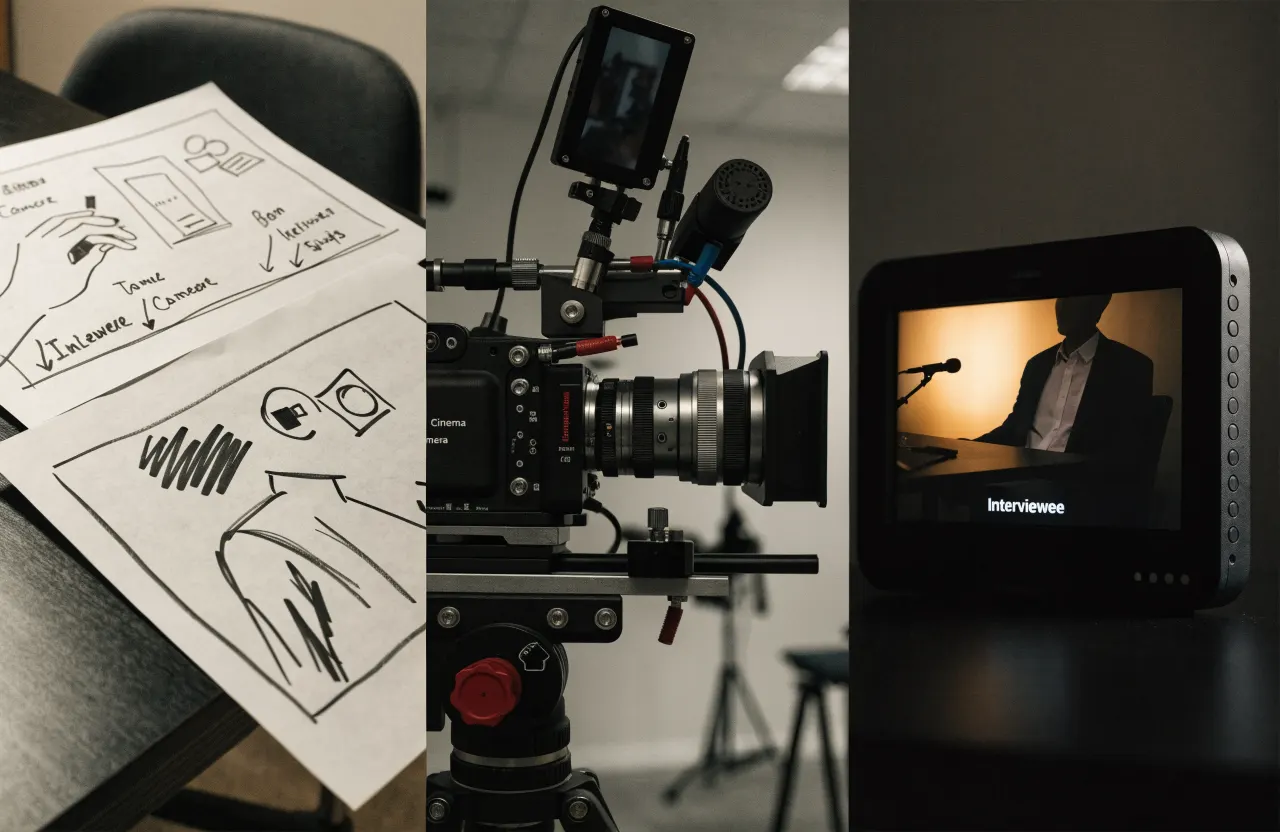 Storyboard sheets, filming setup and finished video frame