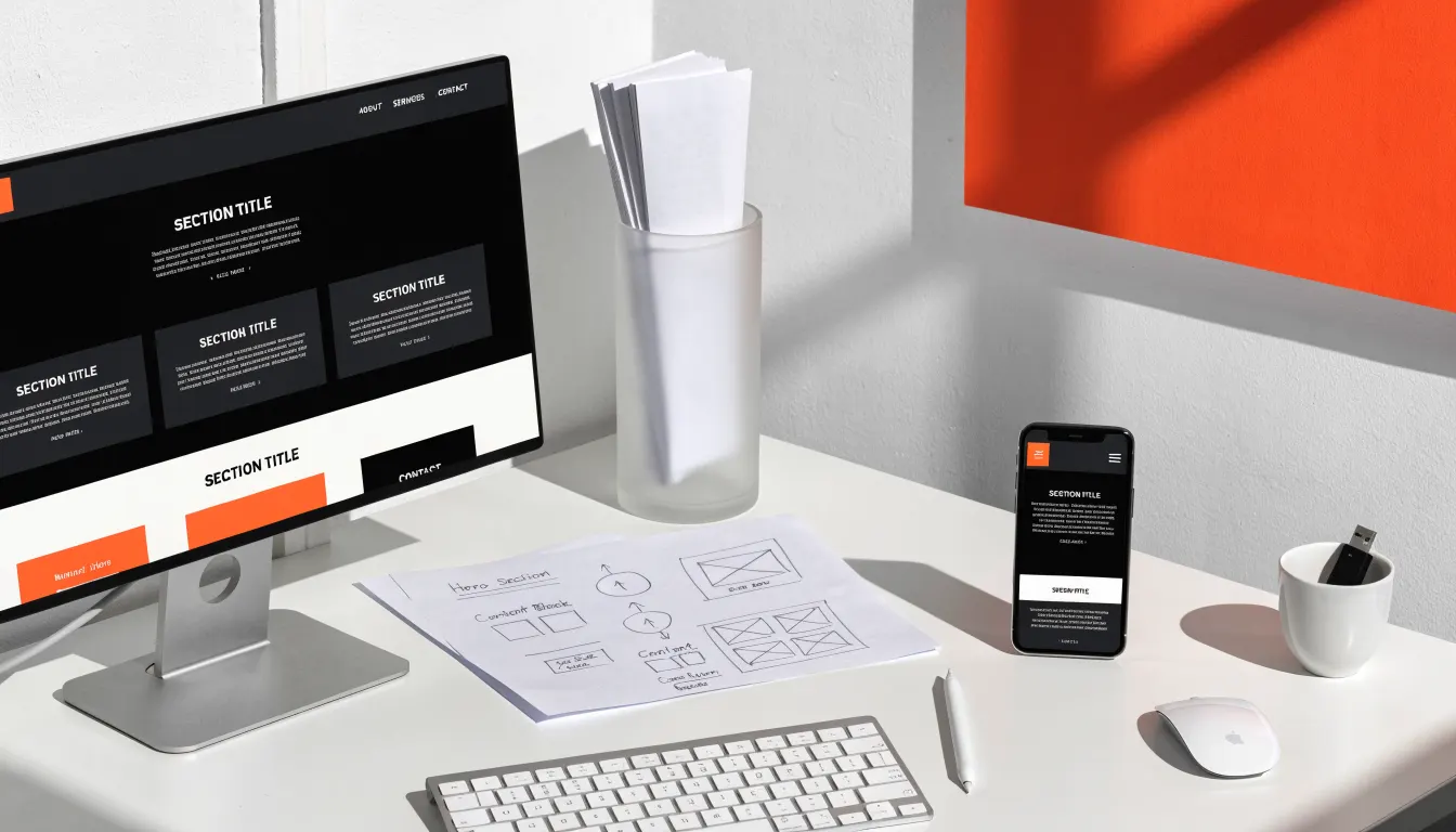 Desktop and mobile website mockups on a design desk